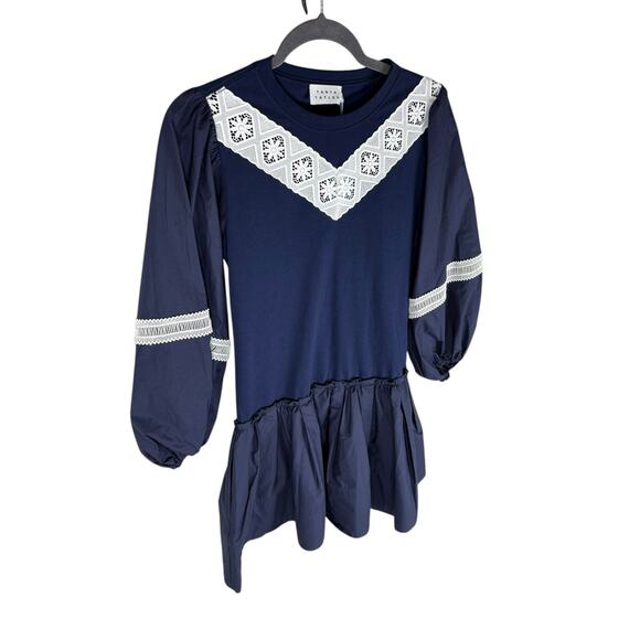 Tanya Taylor Kirstie Mini Dress Puff Sleeve Drop Waist Boho Chic Preppy Blue XS - Picture 5 of 11